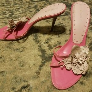 BCBGirls slide pink heels with laser cut flowers